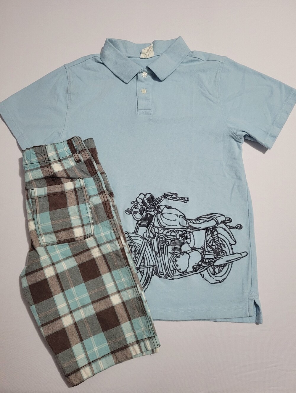 Crazy 8 Blue Motorcycle Polo & Plaid Shorts 2pc Boys Large Outfit Set